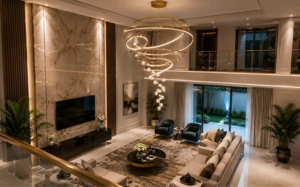 A tall spiral hanging light fixture shines in a large double-height luxury living room.