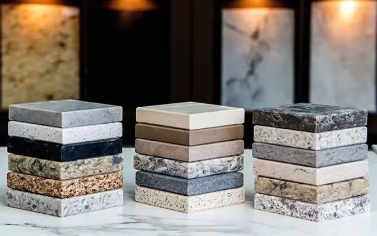 Neatly stacked square samples of various natural stones and marble displaying a wide range of pricing tiers, colors, and textures.