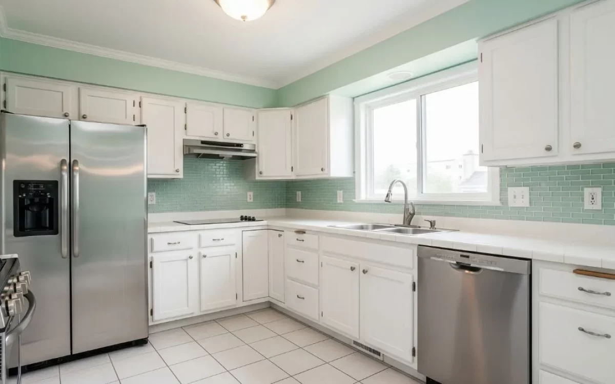 A modern island kitchen featuring light green cabinets, marble countertops, and warm under-cabinet lighting.