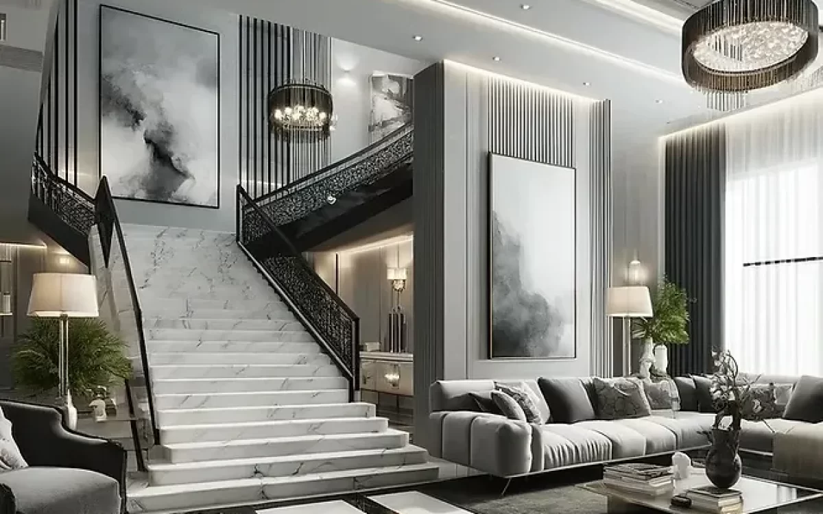 A luxury home interior with a white marble staircase, elegant grey sofa, and black-patterned floor.