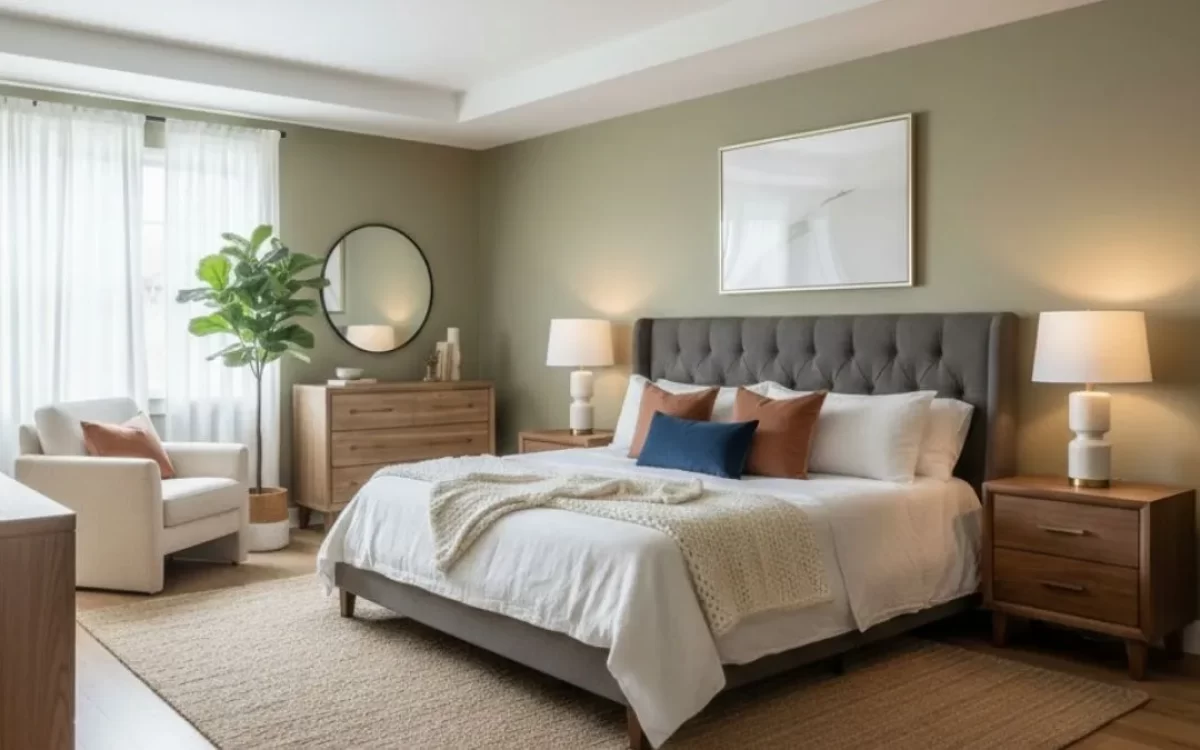 Sage green walls. Choose a calm Color for Home Interior with wood furniture.