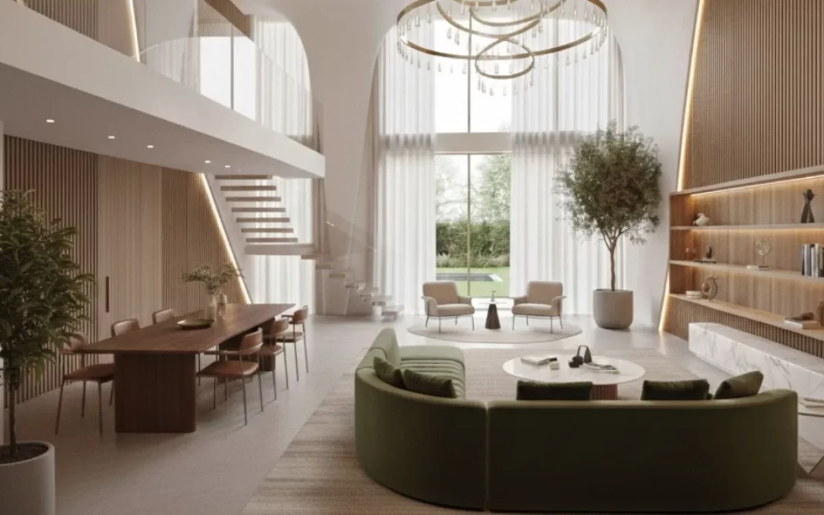 Modern duplex house interior with a curved green sofa, wood walls, and a tall tree near big windows for luxury living.
