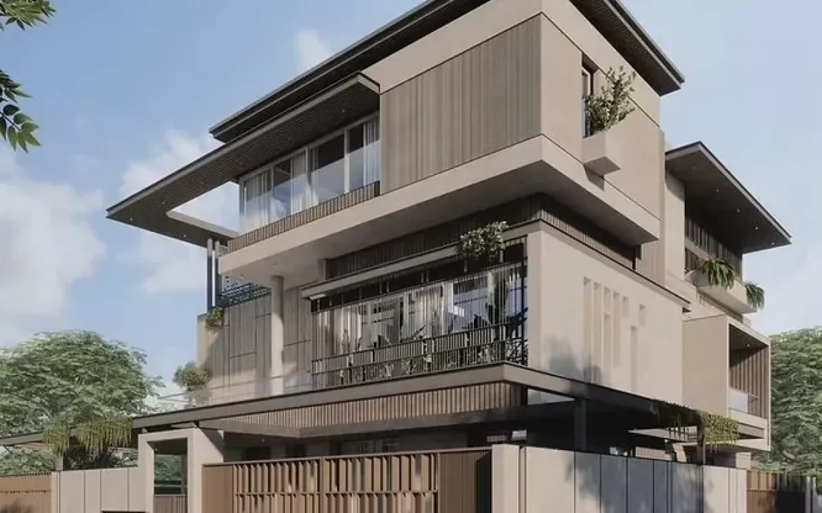 Multi-tiered luxury villa illustrating a stylish and durable facade made of premium beige cladding and vertical slats.
