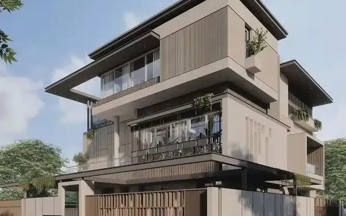 Multi-tiered luxury villa illustrating a stylish and durable facade made of premium beige cladding and vertical slats.