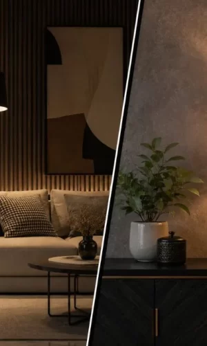 Split view showing an arched floor lamp next to a sofa and a textured glass table lamp.