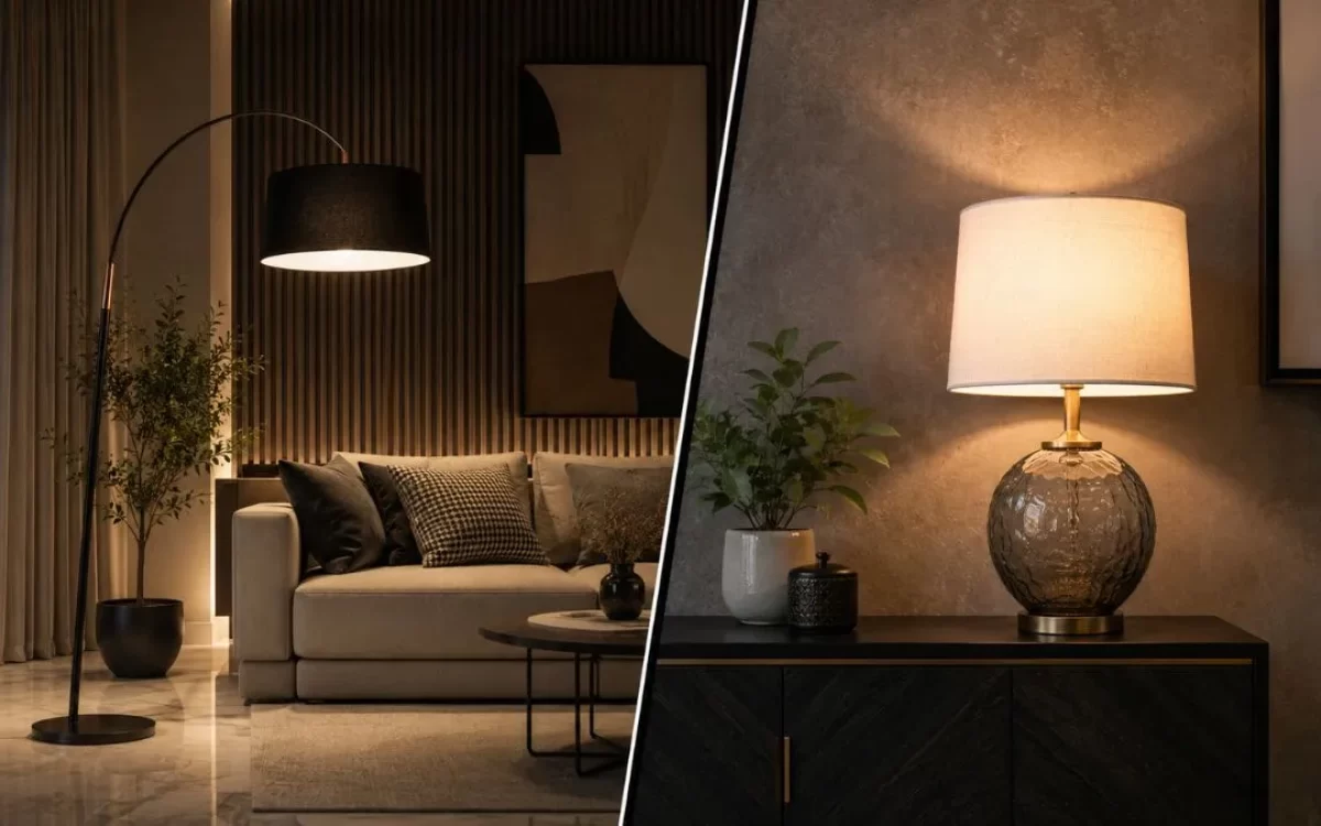 Split view showing an arched floor lamp next to a sofa and a textured glass table lamp.