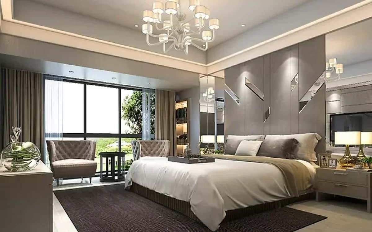 Luxurious bedroom demonstrating how lighting transforms spaces with a classic chandelier, bedside lamps, and natural light.