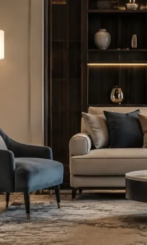 A gold arched floor lamp stands next to a blue armchair in a modern living room with a sofa and coffee table.