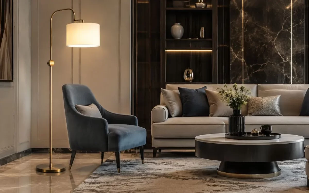 A gold arched floor lamp stands next to a blue armchair in a modern living room with a sofa and coffee table.