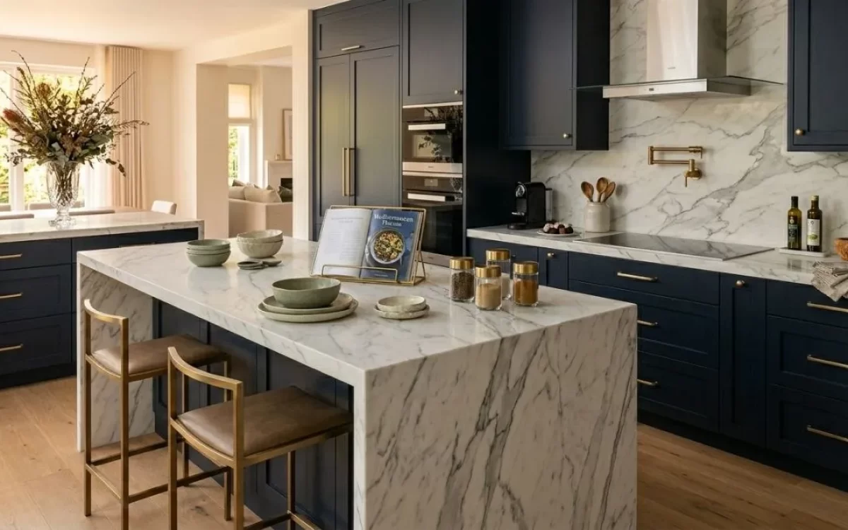 Modern dark blue kitchen with a beautiful, white Kitchen Marble Slab on the island.