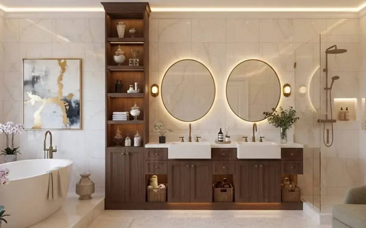 Elegant dark wood cabinets paired with warm lighting. This bathroom decor uses high-quality materials and organized shelving to create a luxury look that is durable and very simple to maintain.