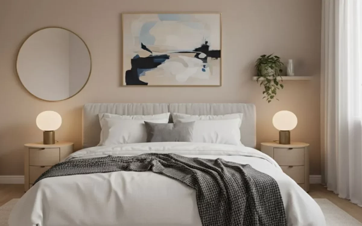Elegant bedroom featuring simple home decor tips like a round wall mirror, abstract art, and matching bedside lamps.