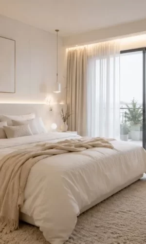 Bright white bedroom with soft glowing lights, white armchair, potted plant, and balcony view.