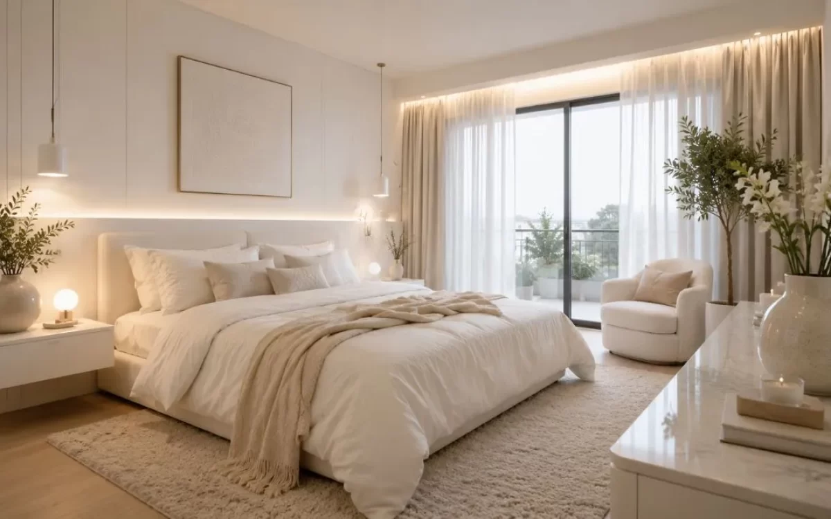 Bright white bedroom with soft glowing lights, white armchair, potted plant, and balcony view.