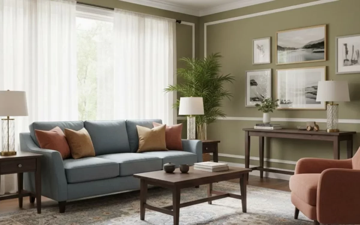 A blue sofa and olive walls with white trim. Tips on how to pick the right colour for living room with window light.