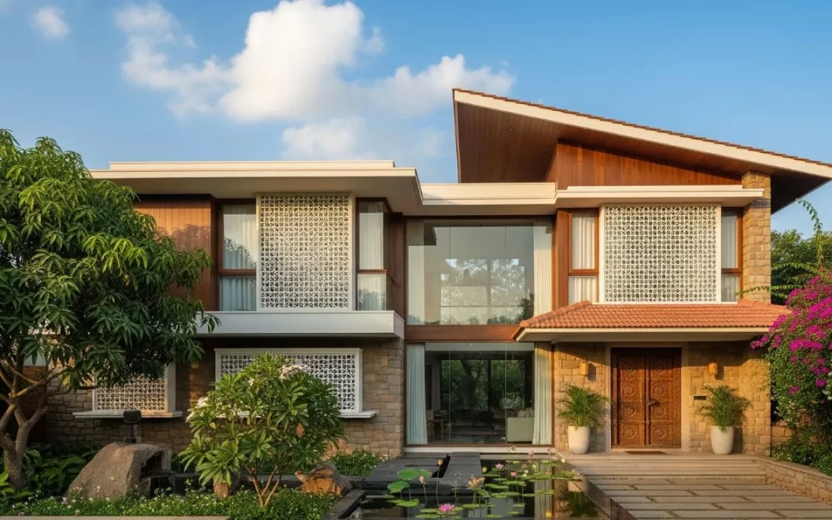 A luxury two-story modern house combining stone walls, intricate white jali screens, large glass panels, and a lily pond.