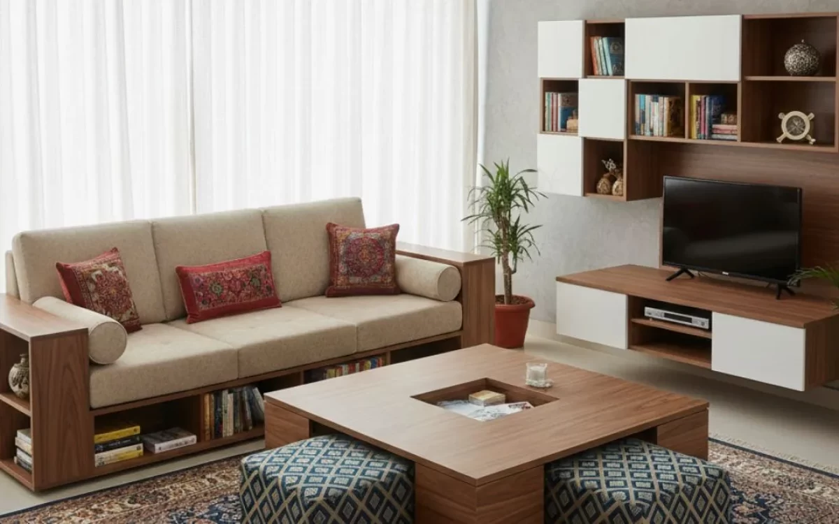 A smart living space showcasing space-saving wooden furniture, including a sofa with built-in side bookshelves, a hollow coffee table, and an integrated TV wall unit.