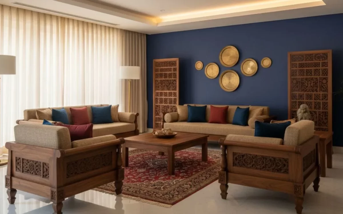 Bright living room showcasing Indian Traditional Interior Designs with carved wooden sofa set, deep blue feature wall, brass wall plates, and decorative wooden screens.