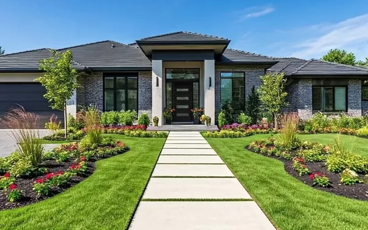 Luxury villa facade showing integrated landscaping with stone accent walls, tall green palm trees, and manicured lawns.