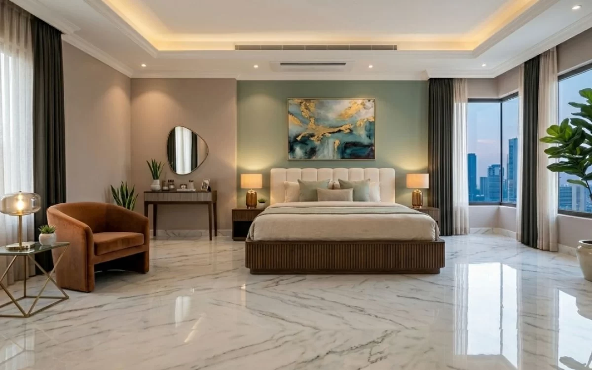 Elegant bedroom with a large bed, polished white Michelangelo Marble for Bedroom floor, and city view.