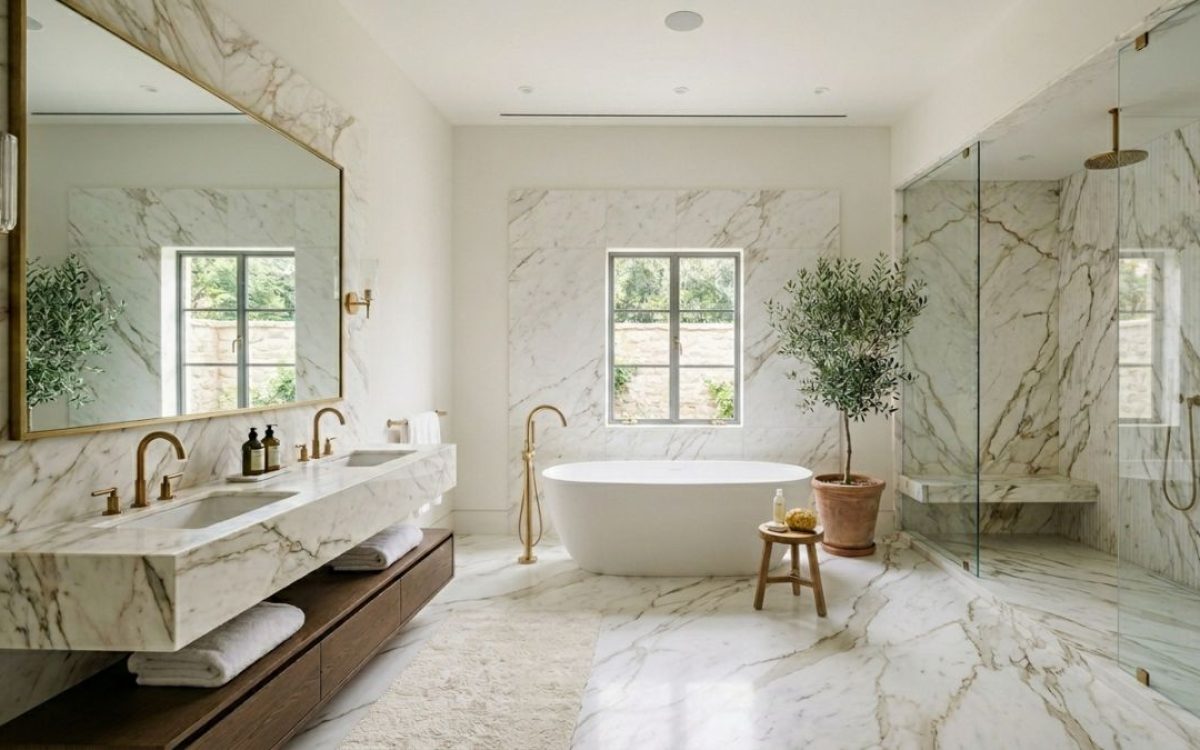 Bright, spacious bathroom designed with classic white Michelangelo Marble walls.