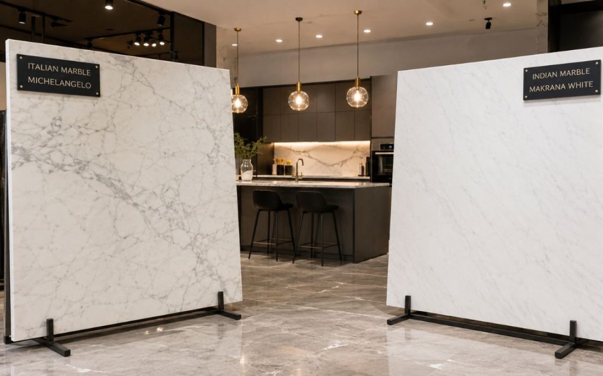Two large marble display boards standing in front of a modern kitchen setup.