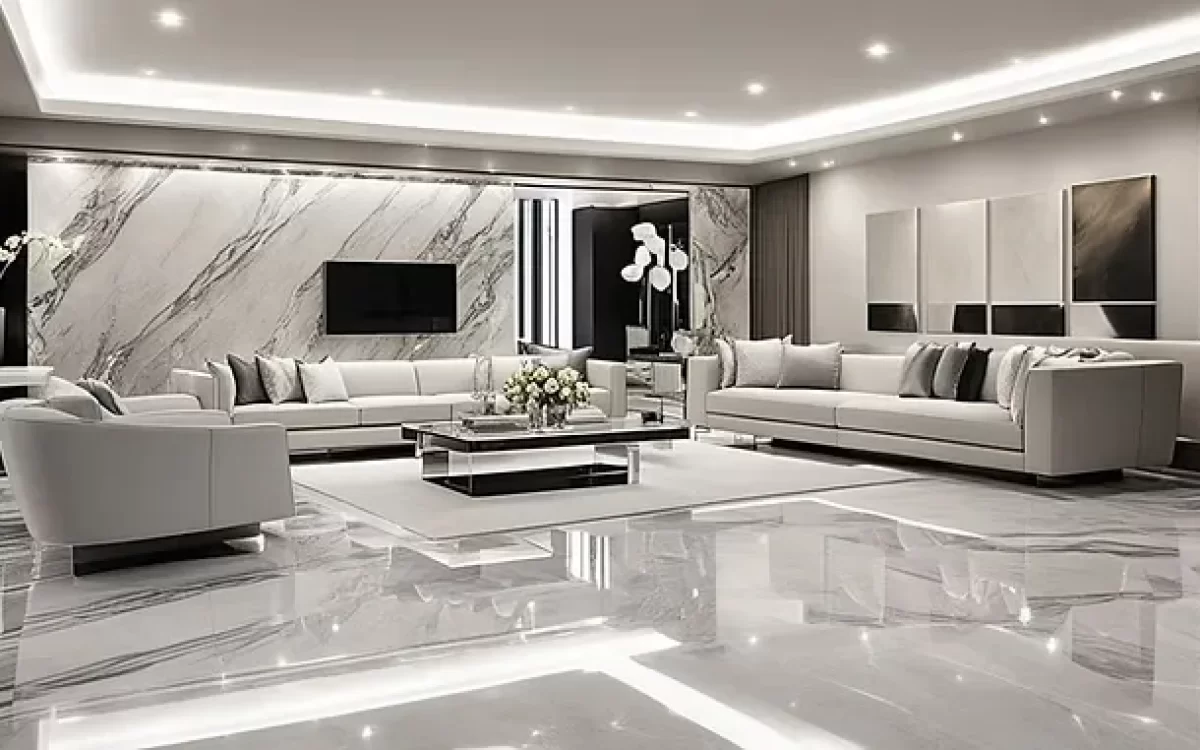 A luxurious, ultra-modern living room showcasing glossy Italian marble flooring and a matching feature wall with dramatic veining.