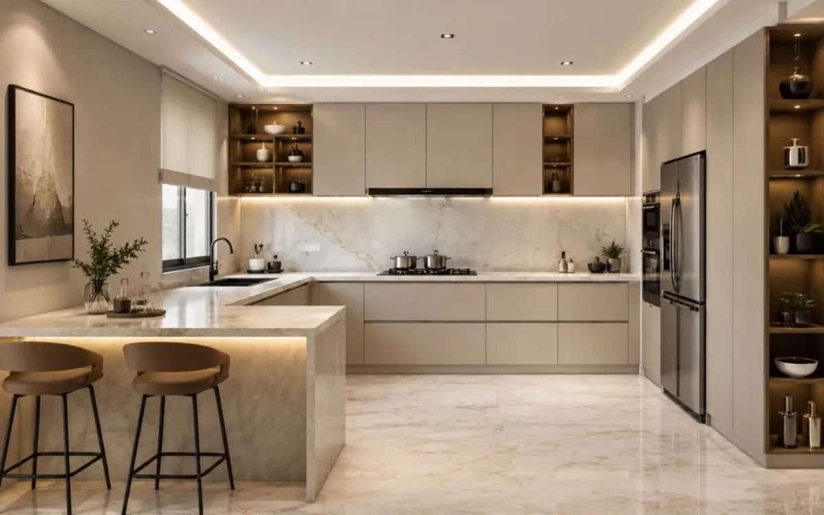 Modern beige kitchen with marble countertops, an G Shaped with bar stools, and bright lighting.