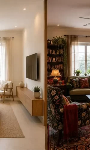 Side-by-side view of a simple white living room next to a very colorful, crowded room filled with many decorations.