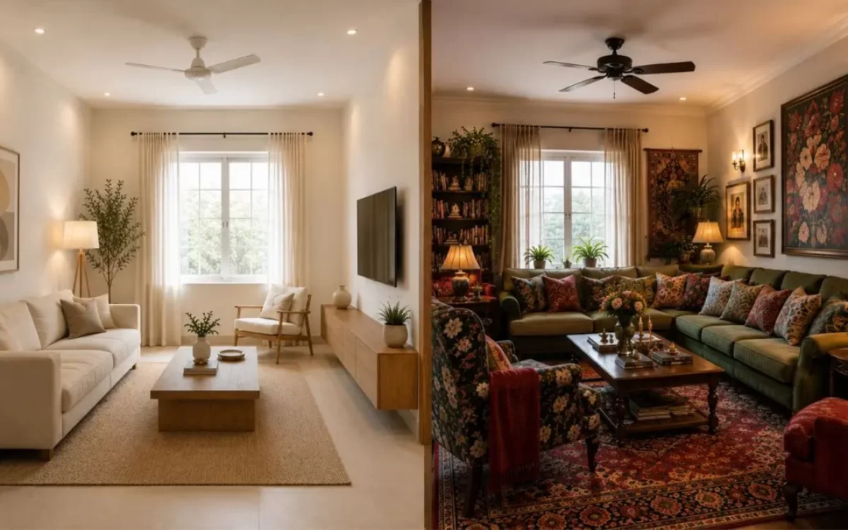 Side-by-side view of a simple white living room next to a very colorful, crowded room filled with many decorations.