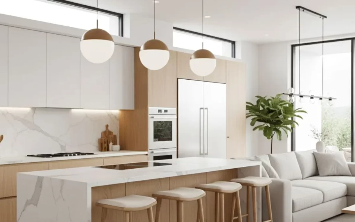 Modern open-plan kitchen with white marble countertops, light wood cabinets, and three globe pendant lights.