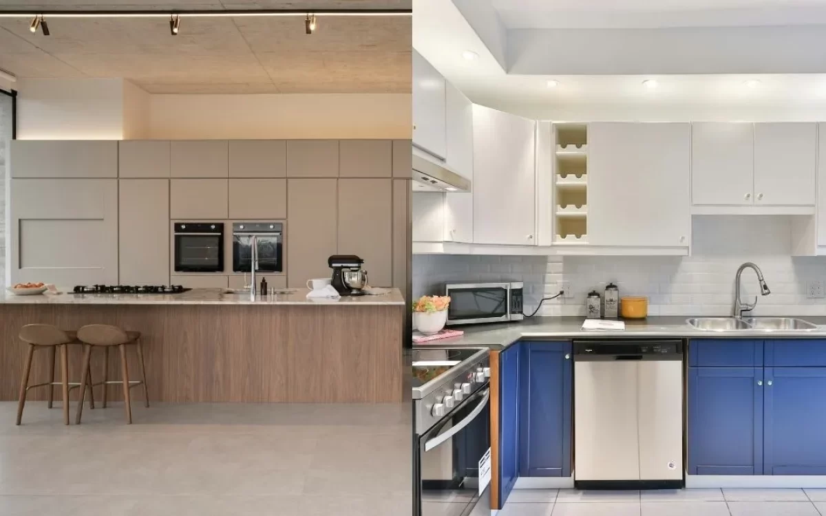Side-by-side comparison of a spacious beige open kitchen island and a compact blue and white closed kitchen setup.