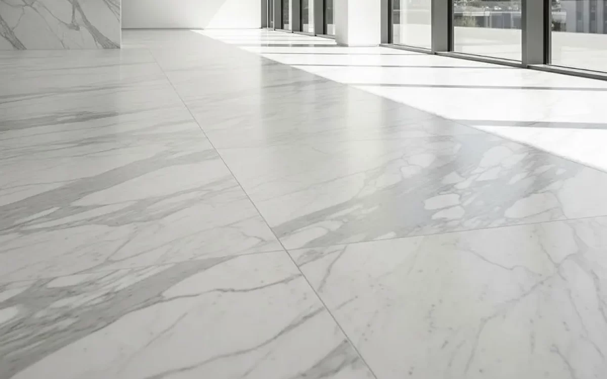 A luxurious living room featuring highly polished white Italian marble flooring with seamless grey veining.