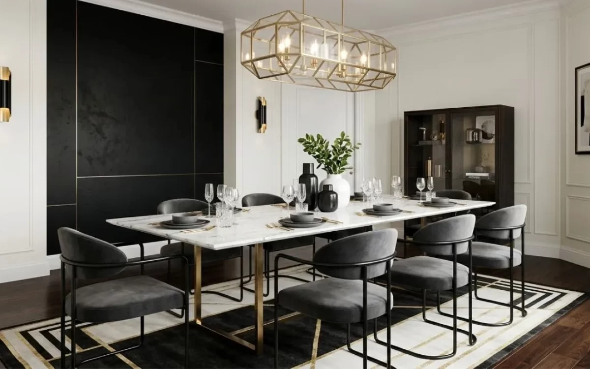 Modern Dining Room Colour Combinations featuring a bold black accent wall, white marble table, and gold light fixture.