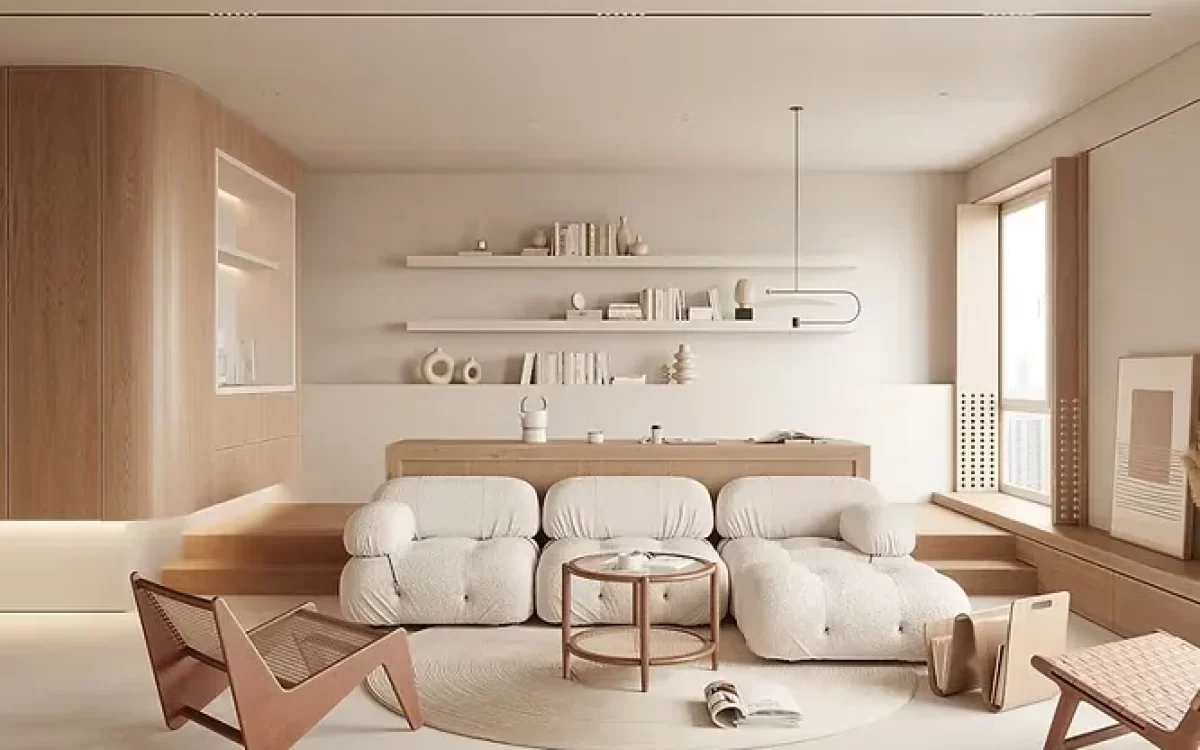 Cozy Japandi-style living room showcasing the art of minimalist interior design with a plush white modular sofa and light wood.