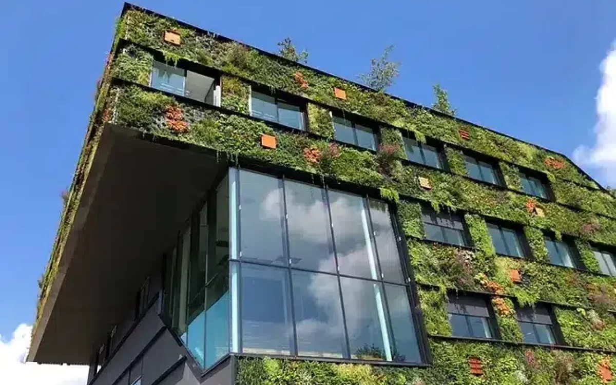 A striking modern building facade enveloped in a lush living green wall featuring diverse plant species, contrasted by large glass windows.