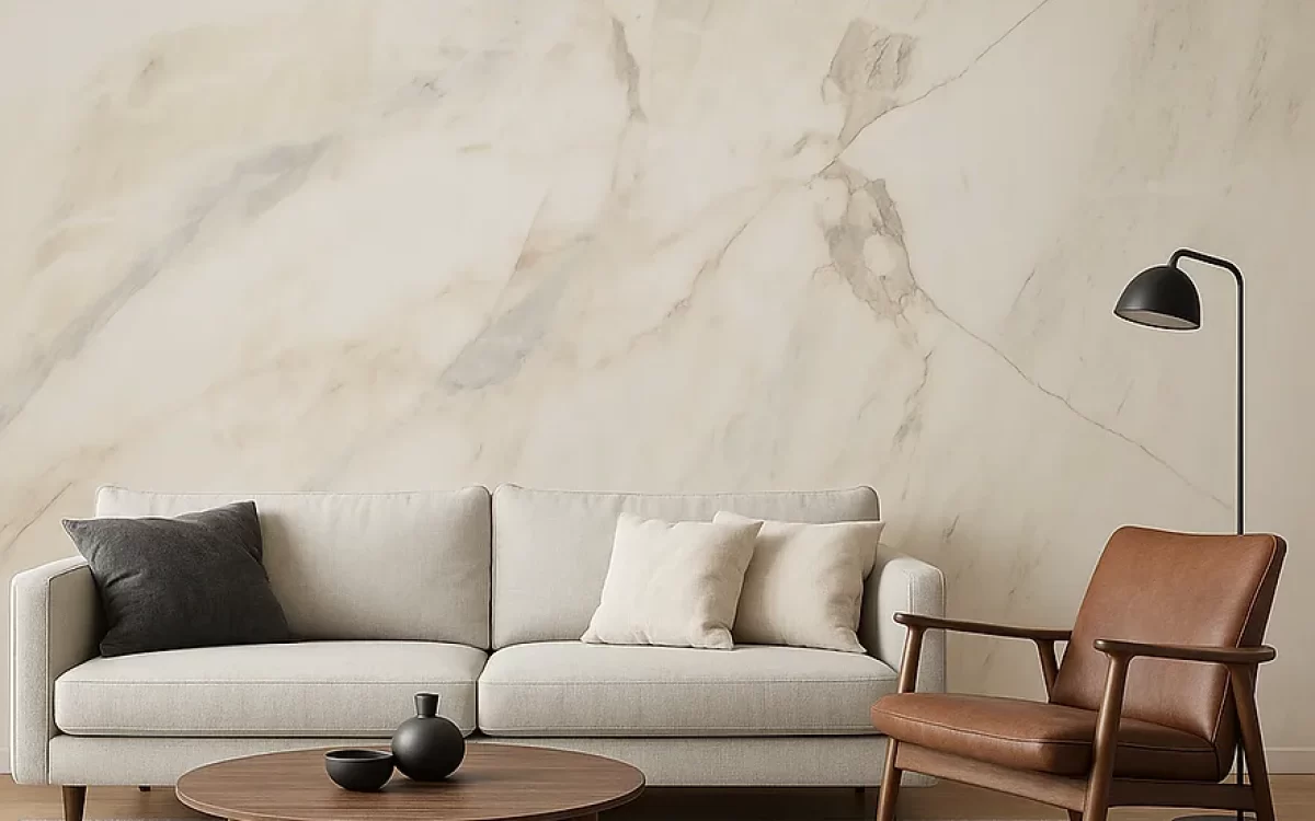 Modern living room featuring an imitation Michelangelo marble accent wall behind a chic neutral sofa and armchair.
