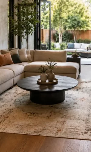Modern living room with beige sectional sofa, dark round table, and a large patterned rug.