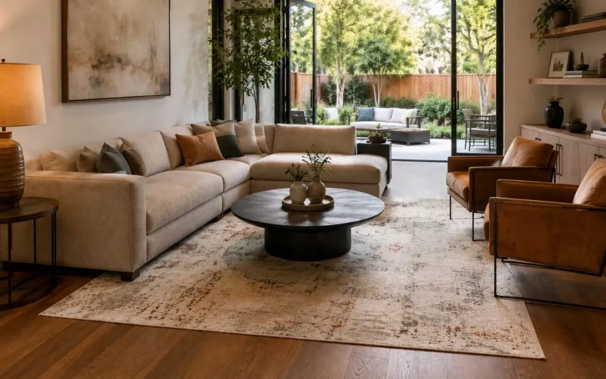 Modern living room with beige sectional sofa, dark round table, and a large patterned rug.