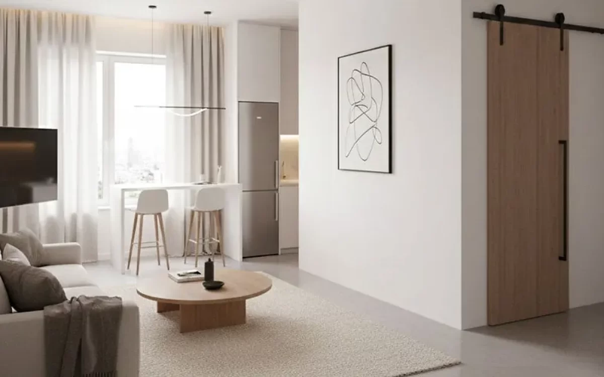 Minimalist 300sq ft home interior with white walls, a beige sofa, round coffee table, and a wooden sliding barn door.