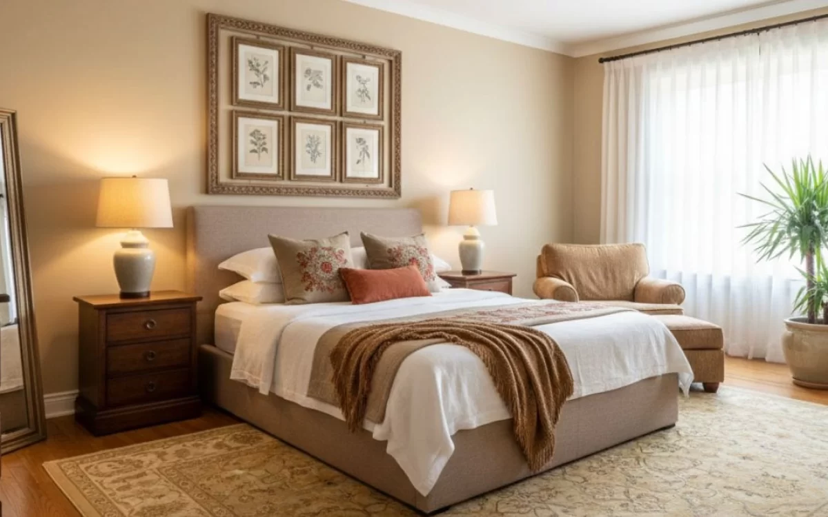 Classic guest room colour combination with soft tan walls and elegant wooden side tables for guests.