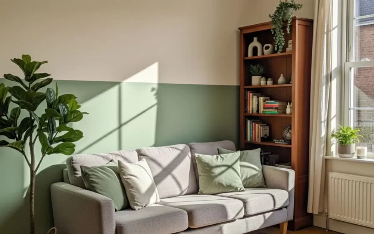 Cozy room highlighting mistakes to avoid when planning a design for home interiors, with a grey sofa and bookshelf.