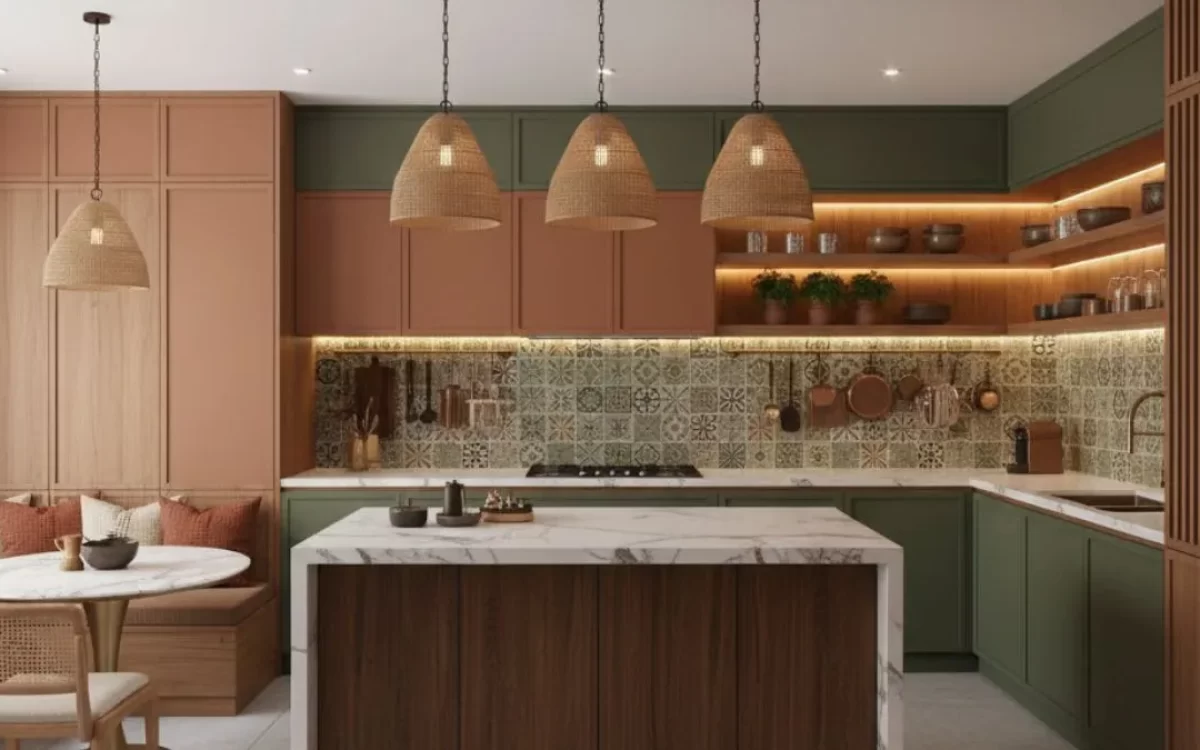 Modern Indian Kitchen Interior with green and terracotta cabinets, traditional patterned tiles, woven pendant lights, and a marble island with a cozy breakfast nook for family meals.