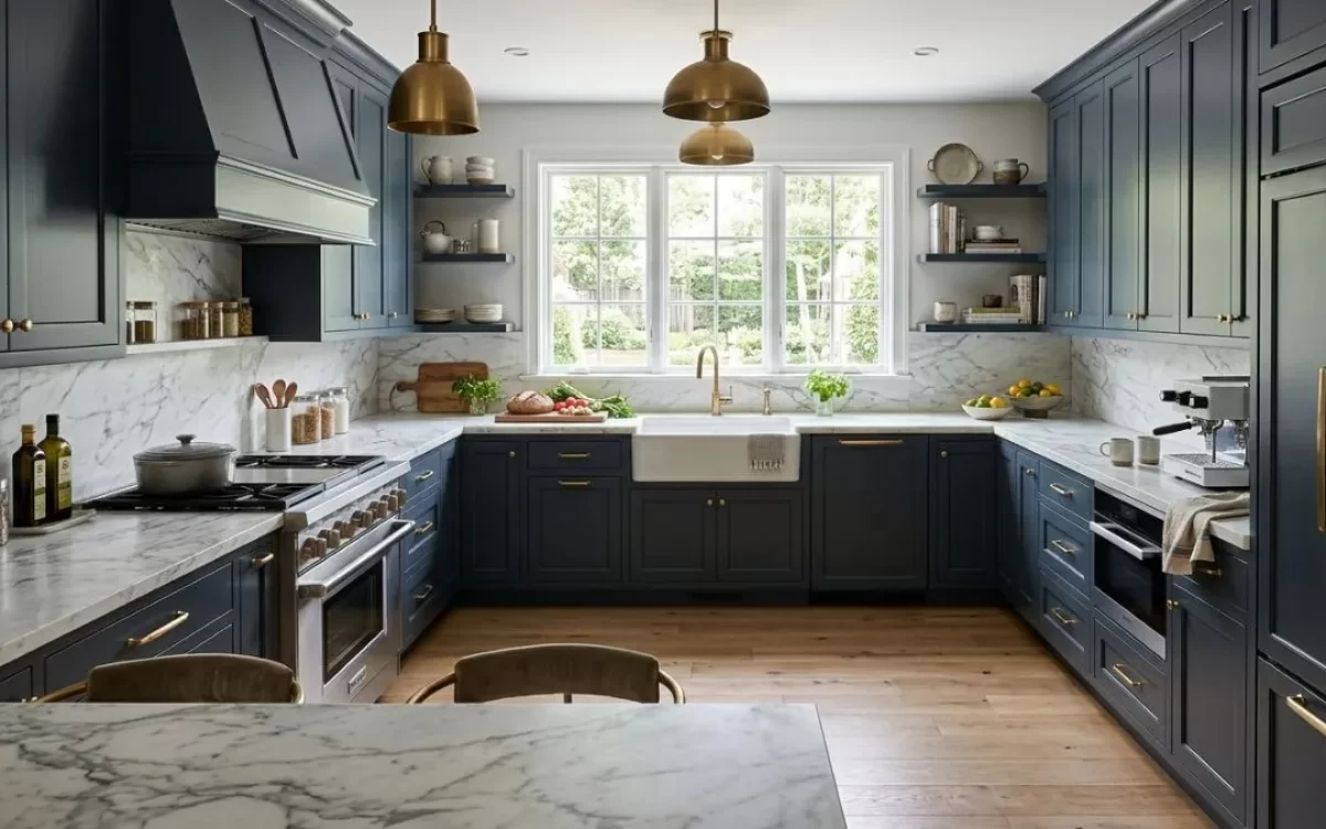 Elegant navy blue U Shaped Modular Kitchen with marble countertops, brass hardware, and farmhouse sink.