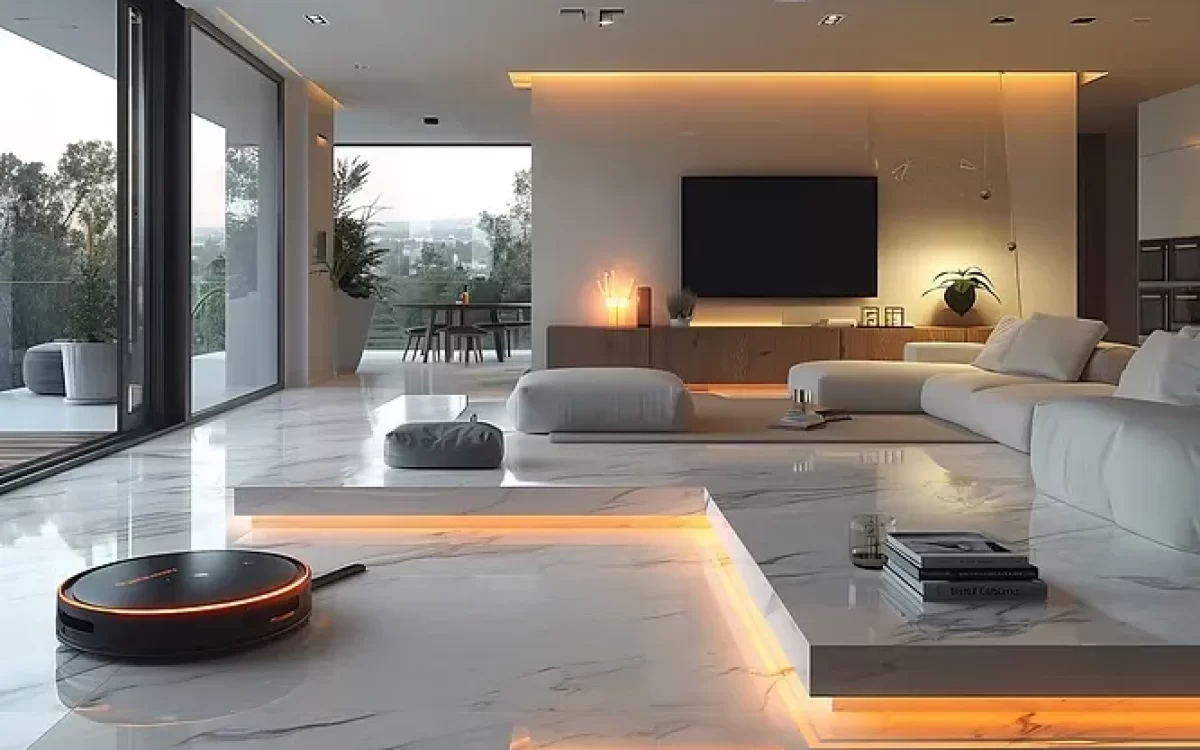 Luxury open-plan living room proving unmatched durability and longevity with flawless white marble flooring slabs.