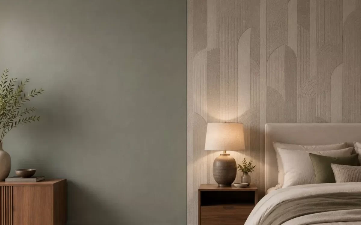 Side-by-side view comparing a plain sage green painted wall with a textured beige patterned wallpaper behind a bed.
