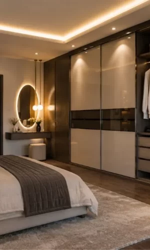 Spacious modern bedroom with a large built-in wardrobe, sliding doors, and a dressing area.