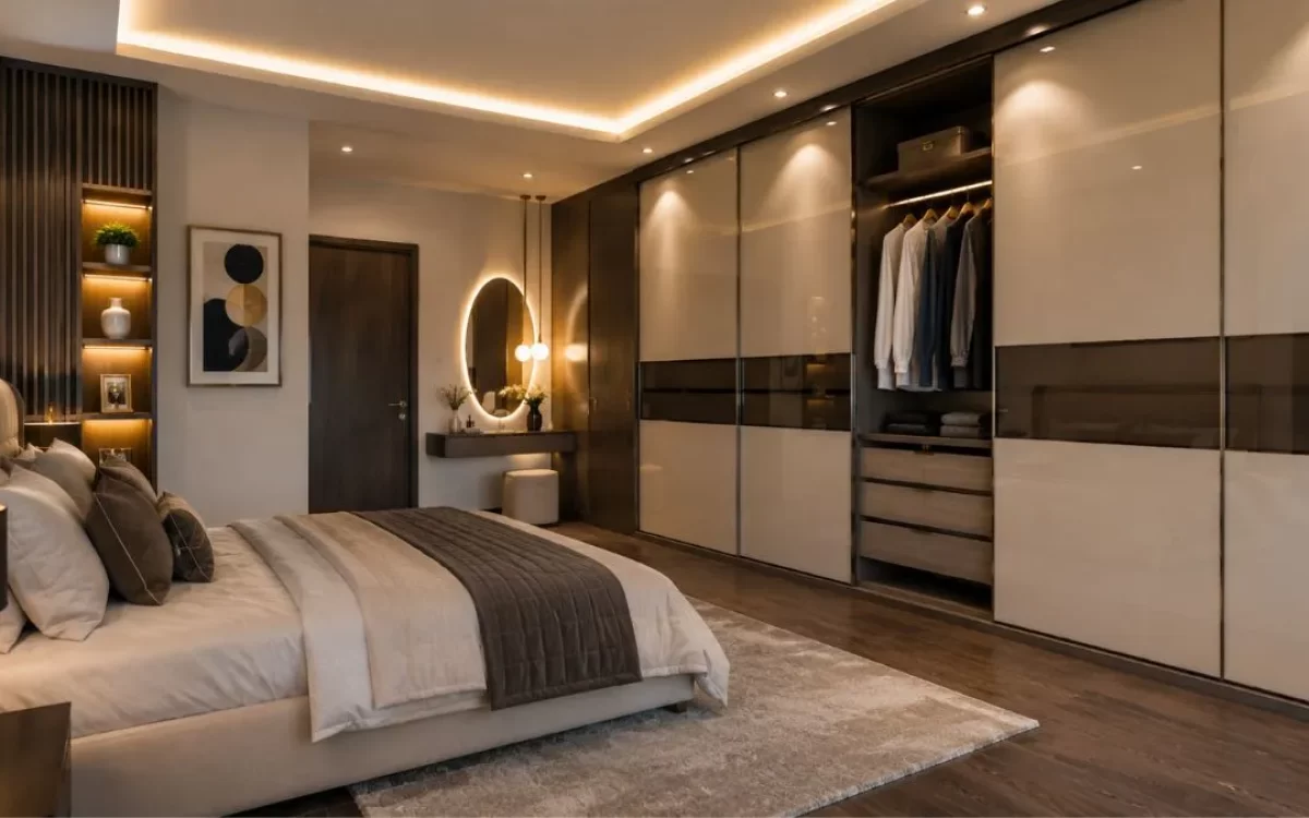 Spacious modern bedroom with a large built-in wardrobe, sliding doors, and a dressing area.