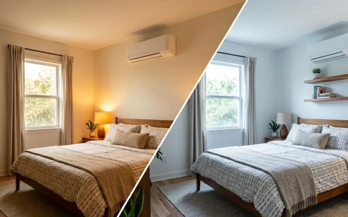 Diagonal split view of a bedroom comparing warm white tone on left with cool white on right.