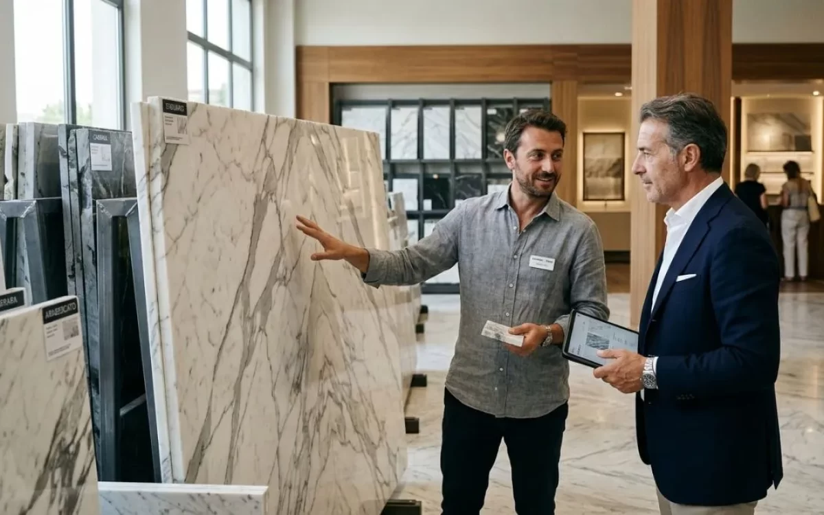 Two men in a showroom discussing smart ways to save money on their luxury Italian Marble purchase.